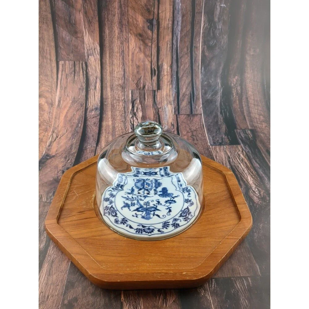 Rustic Coastal Teak Wood Charcuterie Tray Glass Cloche‎ Blue Tile Hexagon VTG